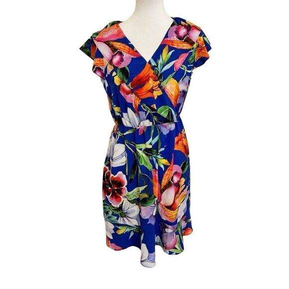 Joseph Ribkoff Blue Floral Faux Wrap Dress Tropical Size 8 - Picture 1 of 5
